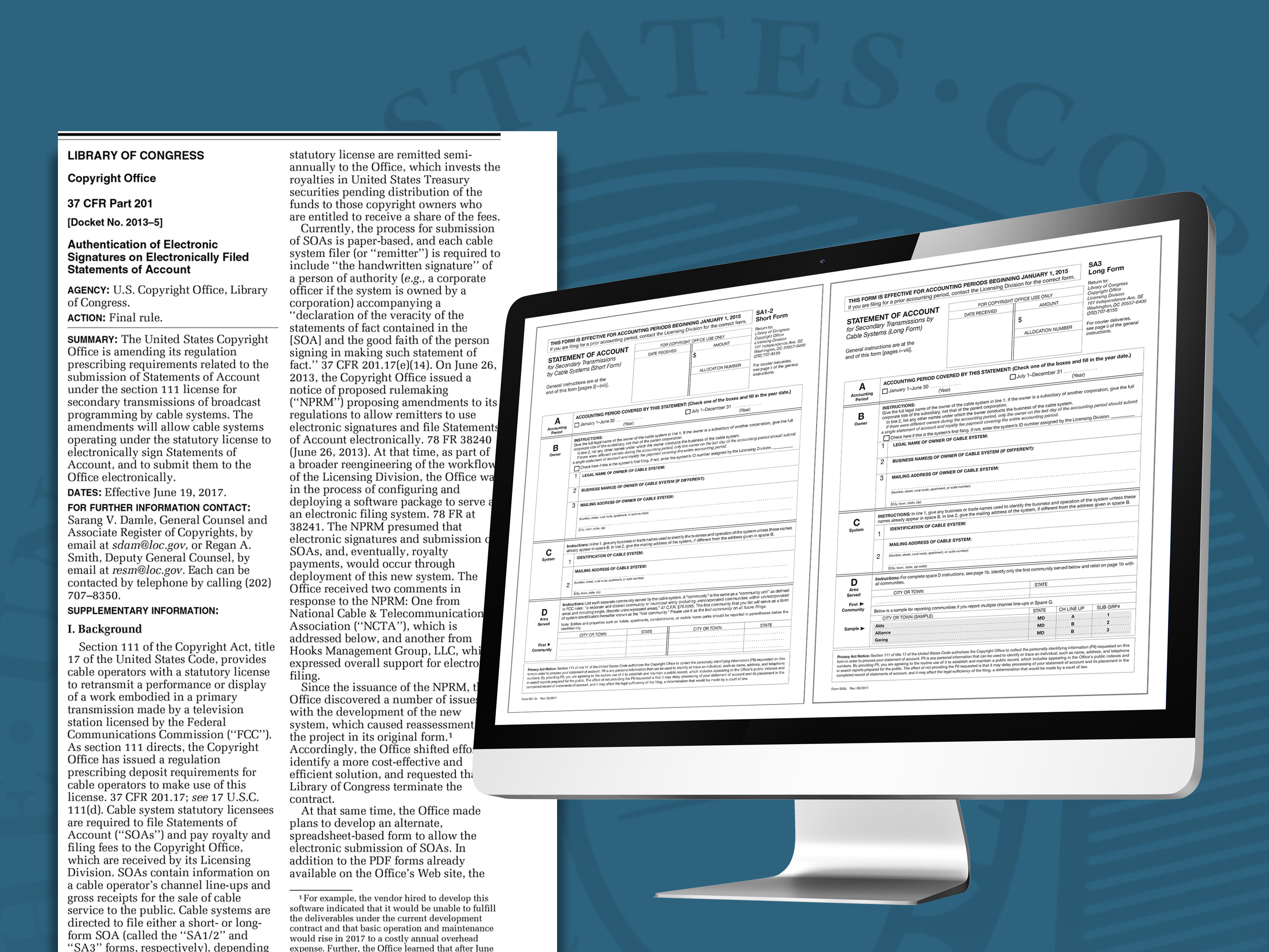 rulemaking text and computer screen showing online form