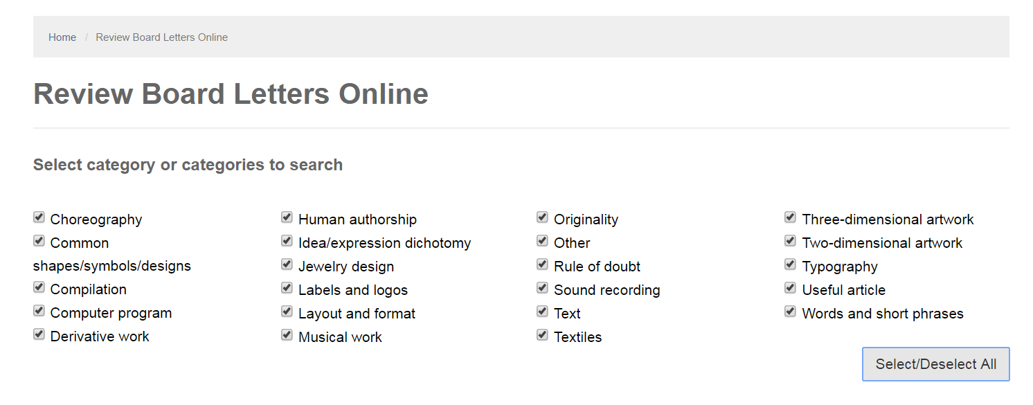 screen shot of Review Board Letters webpage
