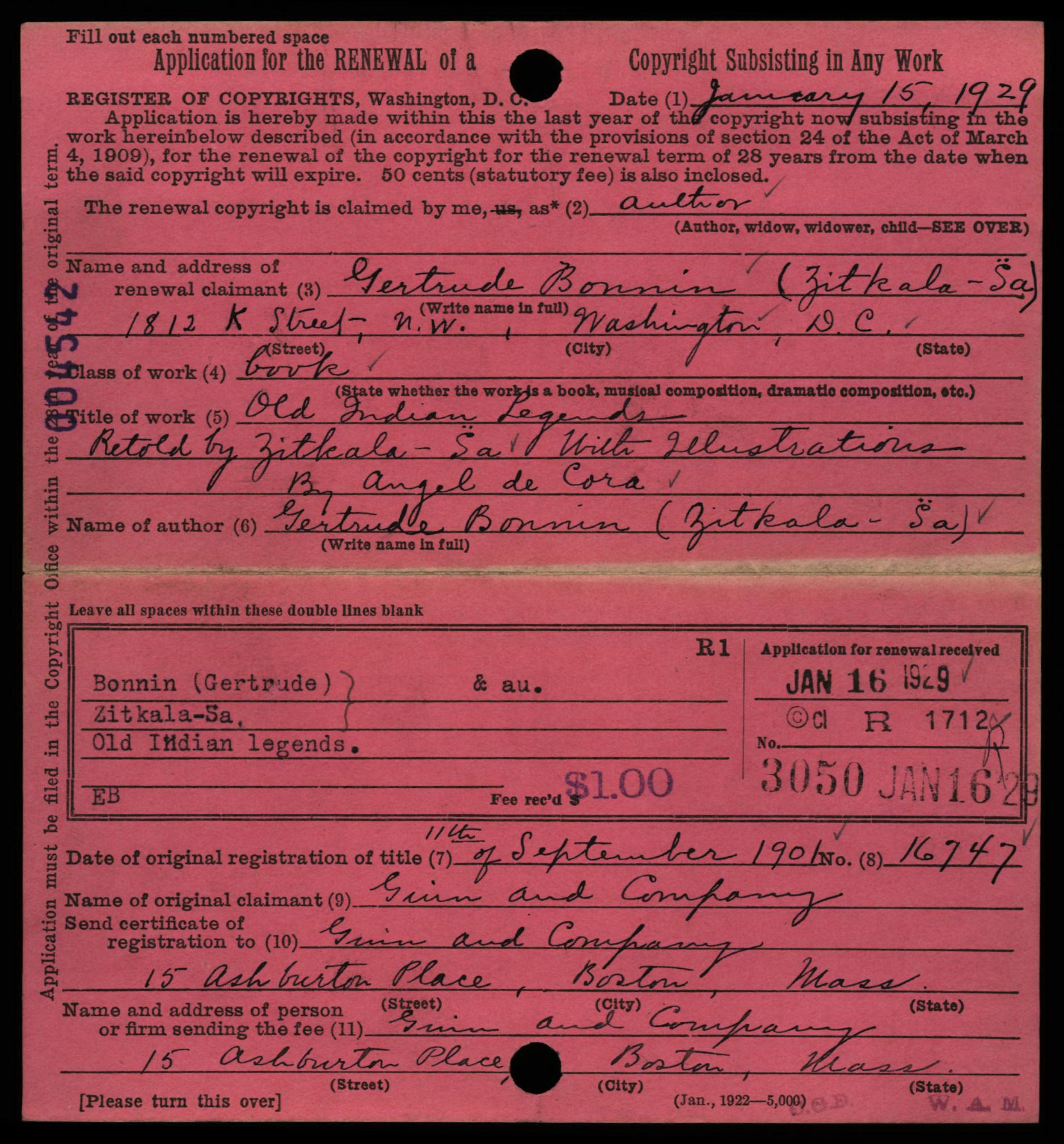Copyright renewal record for Old Indian Legends. Zitkála-Šá renewed the copyright in the work on January 16, 1929.
