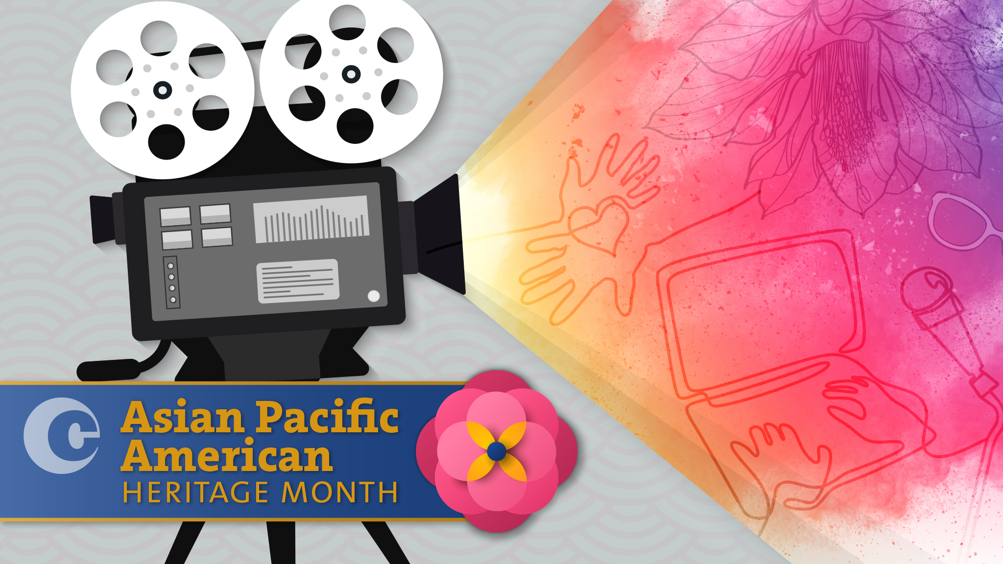 Asian Pacific American Heritage Month header image featuring a film real showing hand-drawn-style images representing themes from the films discussed in the article.