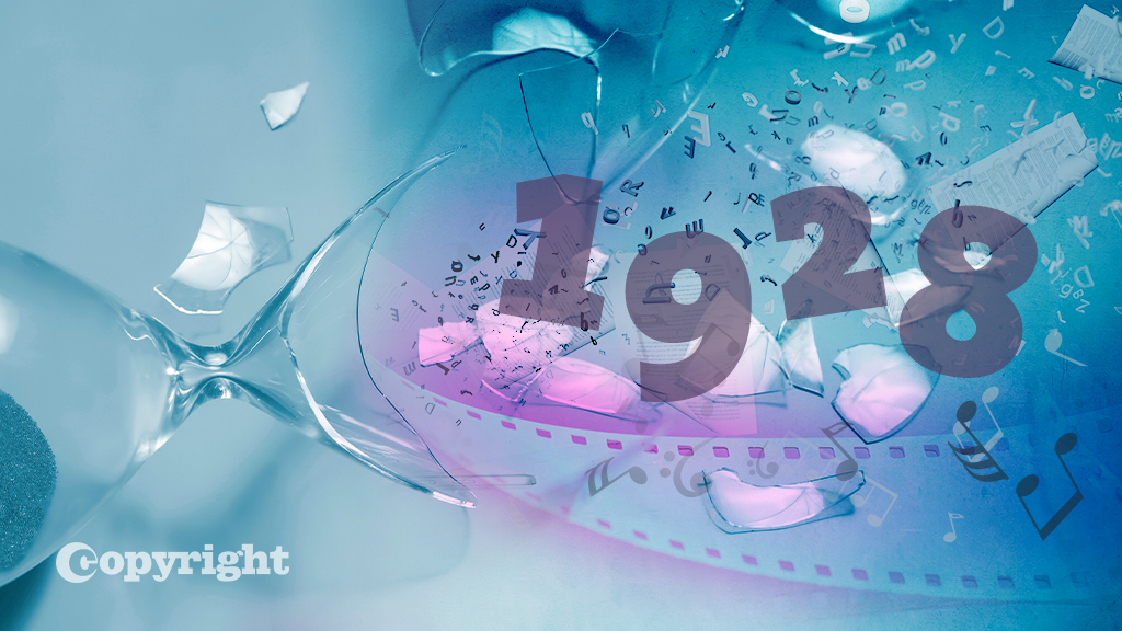 1928 over an hourglass breaking with musical notes and film
