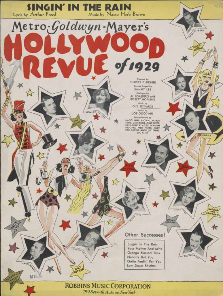 Sheet music cover of Singing' in the Rain featuring images in stars of the cast of Hollywood Review of 1929.