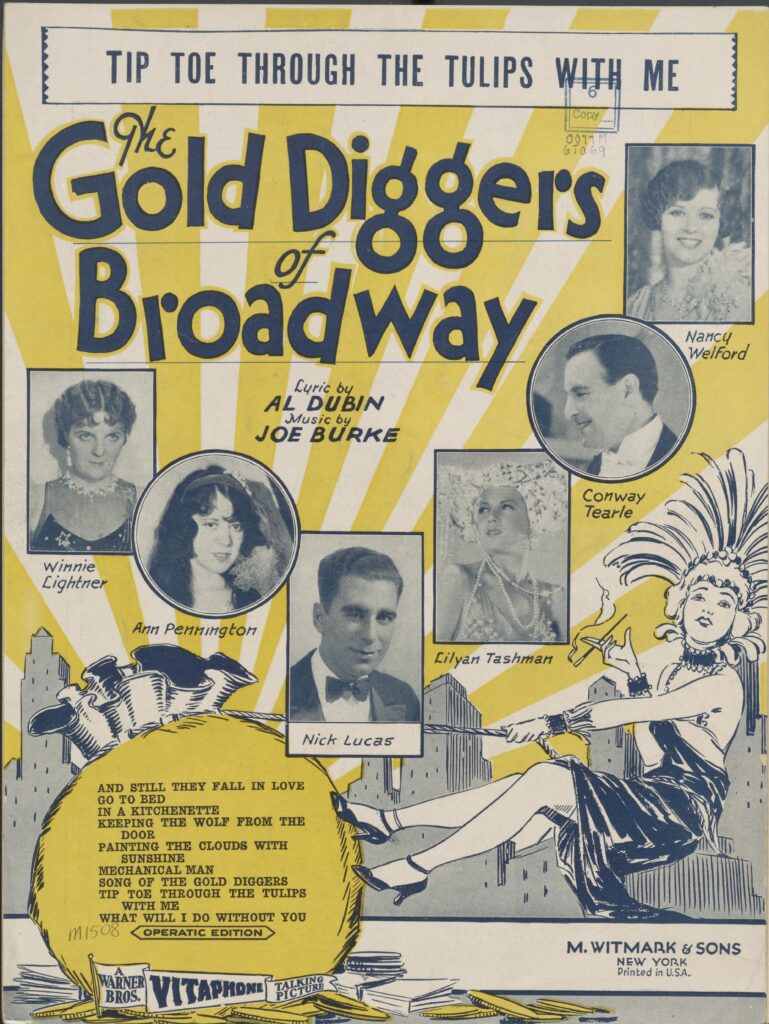 Sheet music cover for Tiptoe through the Tulips with Me featuring photos of the cast of The Gold Diggers of Broadway over yellow sunbeams.