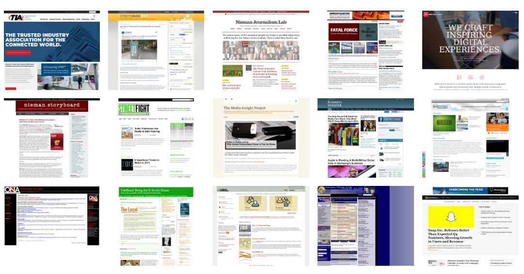 Twelve thumbnail images of archived websites in the Mass Communication Web Archive displayed in a grid